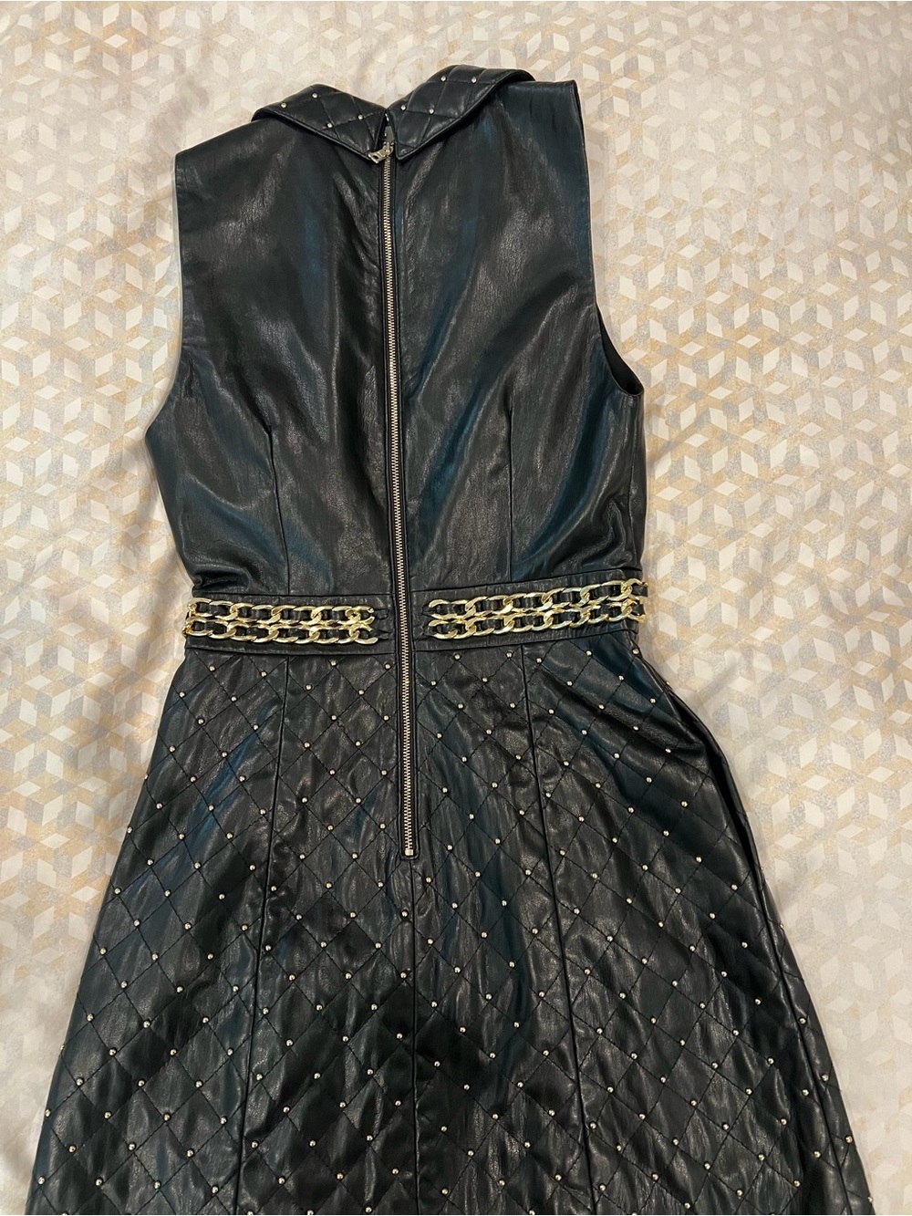Alice + Olivia Black Quilted Faux-Leather Mini Dress with Gold Chain Waist